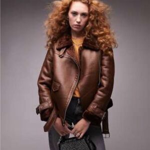 Topshop faux leather shearling aviator biker jacket in chocolate